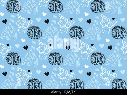 Cactus and hearts vector pattern in white, blue and black color palette Stock Vector