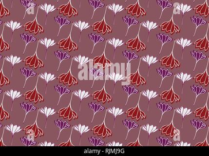 Floral elements vector pattern in purple, red and white color palette Stock Vector