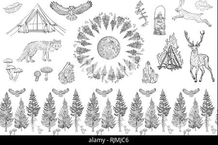 Forest collection: seamless border ornament, round frame, isolated objects. Spruce, fir tree, mushroom, berries, moon, owl, hare, deer, fox, tent, bon Stock Vector