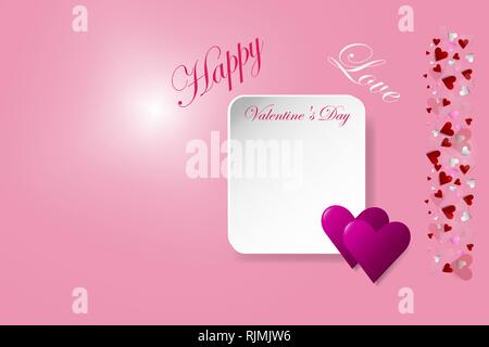Empty white table with Valentines Day menu inscription is ready for your text. The vector is decorated by two trendy pink hearts in the right side and Stock Vector