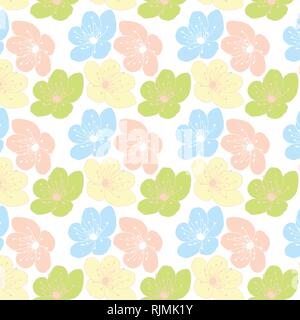 Cherry blossom flower vector pattern in a blue, yellow, pink and gray color palette Stock Vector