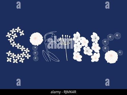 Hand drawn flower spring vector card template in blue and white colors palette Stock Vector