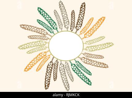Vector pattern illustration hand drawn spring wheat card template in orange, green, brown, yellow, gray colors palette. Malt beer background. Autumn h Stock Vector