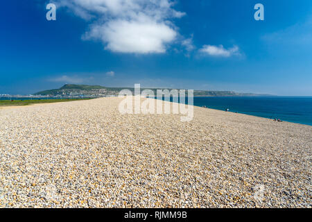 View along Chesil Beach near Weymouth towards the Isle of Portland Dorset England UK Stock Photo