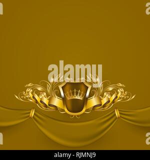Royal background with ornament, shield, gold crown, ribbon, blazon, place for text in vintage style. Stock Vector