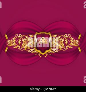 Royal background with ornament, shield, gold crown, ribbon, blazon, place for text in vintage style. Stock Vector