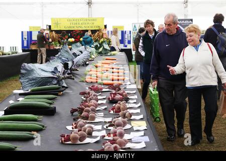 Visitors look at vegetables at the Malvern Autumn Show at The Three Counties Showground, Malvern Worcestershire. September 2018 Stock Photo