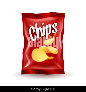 Realistic mockup package of red chips package with label isolated on white background Stock Vector