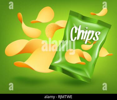 Green chips package mockup with yellow crispy snacks, advertising concept Stock Vector