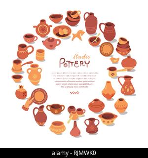 Circle template pottery workshop, ceramics classes banner illustration. Art shop template with place for text. Vector line icon of clay studio tools.  Stock Vector