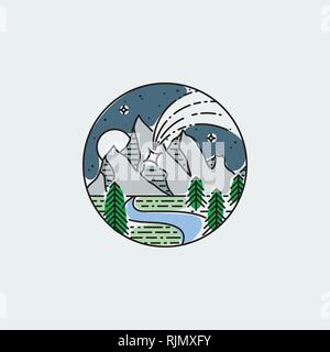 Night mountains with starfall. Nature exploration vector vintage poster. Modern flat linear vector illustration. Retro wildlife postcard with stars an Stock Vector