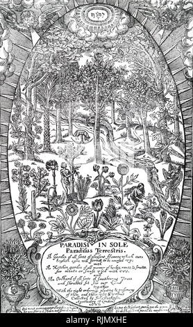 An engraving depicting Title page of John Parkinson's, 'Sole Paradisus Terrestris', London, 1629; depicting Adam and Eve in the Garden of Eden gathering fruit Stock Photo