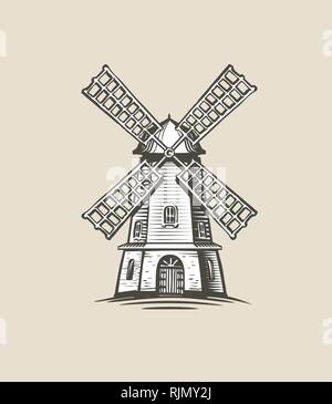 Windmill, mill logo or label. Farm, agriculture symbol. Sketch vector illustration Stock Vector