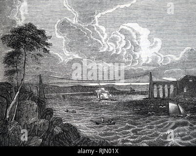 Illustration showing Telford's Menai suspension bridge. Detail from an undated broadsheet. Stock Photo