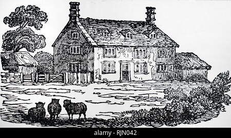 Woolsthorpe Manor, near Grantham, Lincolnshire, the house in which Isaac NEWTON was born. Illustration; 1832. Isaac Newton (1642 - 1727), British scientist. Stock Photo