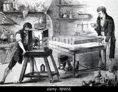 Illustration showing Humphry Davy using electrical decomposition to discover potassium and sodium (1807-8). Sir Humphry Davy (1778 – 1829), British chemist and inventor, best remembered for isolating, using electricity, a series of elements for the first time: potassium and sodium in 1807 and calcium, strontium, barium, magnesium and boron the following year, as well as discovering the elemental nature of chlorine and iodine. Stock Photo