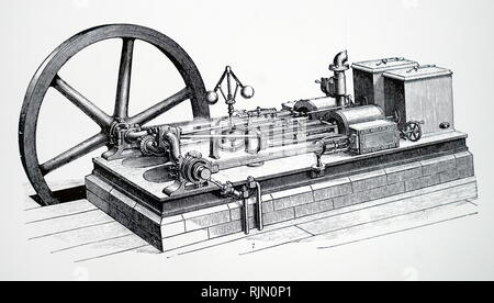 Illustration showing Horizontal steam engine shoving governor and flywheel 1888 Stock Photo