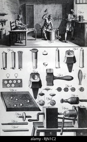 Illustration showing metal button maker's workshop: the man in the centre is stamping out a disc of metal to be handed to the man on the left who dips it in a tub of warm resin and presses it into a mould. When set, the buttons are passed to the man at the window to be polished. 1764 Stock Photo