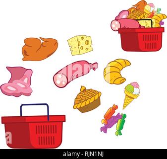 Vector illustration with grocery basket and set of products isolated on white background. Stock Vector