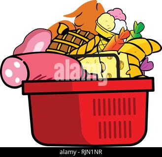 Vector illustration with grocery basket and products isolated on white background. Stock Vector