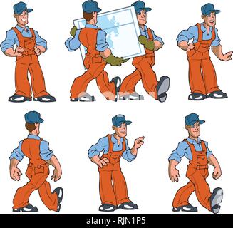 On vector illustration a man in a work overalls. Attendants and people working professionals in various poses isolated on a white background. Stock Vector