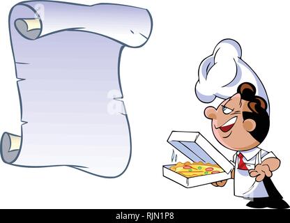 Vector illustration of a cute cartoon chef, selling pizza. There is a place for the menu, text block. Stock Vector