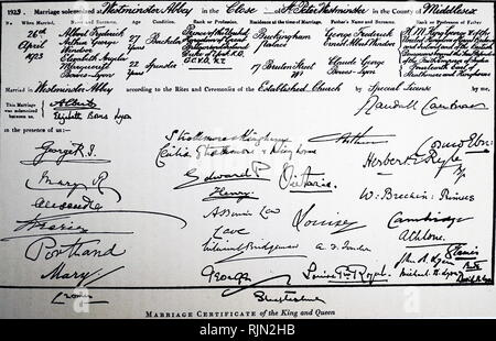 marriage certificate of the Duke and Duchess of York (later King George VI and Queen Elizabeth), 1923 Stock Photo