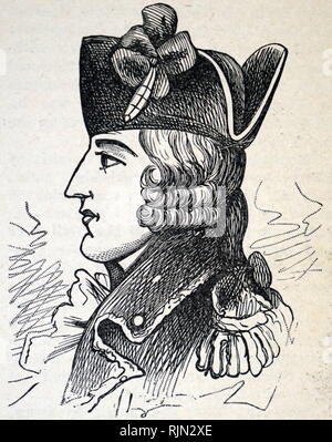 Illustration showing Major General Edward Braddock (January 1695 – 13 July 1755) was a British officer and commander-in-chief for the 13 colonies during the actions at the start of the French and Indian War (1754–1763) which is also known in Europe and Canada as the Seven Years' War (1756–1763). He is generally best remembered for his command of a disastrous expedition against the French-occupied Ohio River Valley then in western Virginia or Pennsylvania in 1755, in which he lost his life. Stock Photo