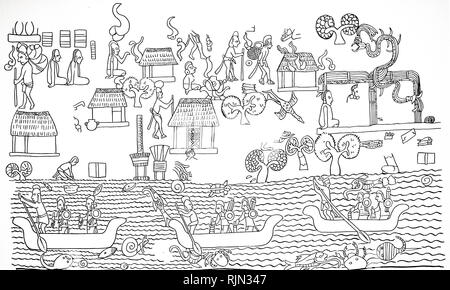 Illustration showing design of wall painting of a fishing village, Temple of the Warriors, Chichen Itza, a large pre-Columbian city built by the Maya people of the Terminal Classic period