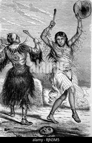 Illustration showing ARCTIC AND TUNDRA REGIONS Ritual shaman dance. From a late 19th century French engraving Stock Photo