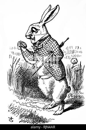 Lewis Carroll (1832-98) 'Alice's Adventures in Wonderland, London', 1865. Illustration by John Tenniel showing the White Rabbit looking at his watch and exclaiming Oh dear; Oh dear, I shall be too late before it popped down a large rabbit-hole. Stock Photo