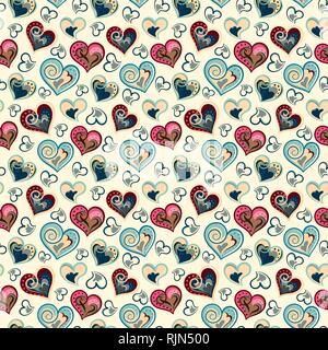 Seamless pattern with hearts. Freehand drawing. Can be used on packaging paper, fabric, background for different images, etc. Stock Vector
