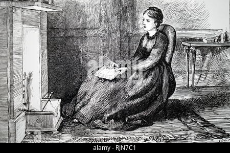 Illustration showing Young woman writing a letter seated before an open fire with a fender in front of it Stock Photo