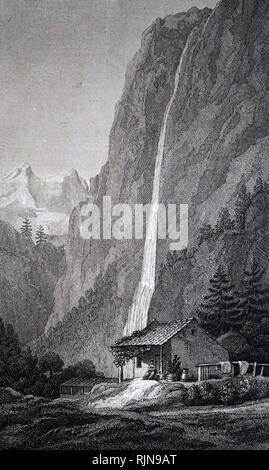 An engraving depicting the Staubbach Falls in the Bernese Highlands near Lauterbrunnen, Switzerland. Dated 19th century Stock Photo