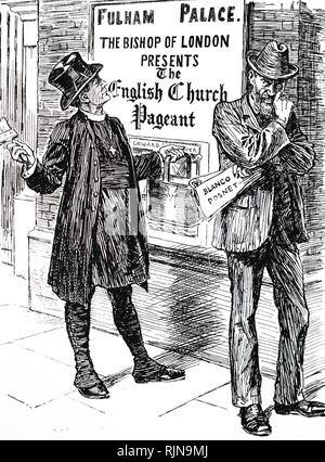 A political cartoon commenting on the censorship of plays enforced by Lord Chamberlain. George Bernard Shaw (1856-1950) was unable to get his play 'The Sewing-up of Blanco Posnet' performed on the grounds of its religious content, while the established Church of England had no such problem with its latest production. Dated 19th century Stock Photo