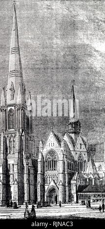 An engraving depicting Christ Church, at the junction of Westminster Bridge Road and Kennington Road, London. A Victorian Gothic non-denominational church opened on 4 July 1876. Dated 19th century Stock Photo