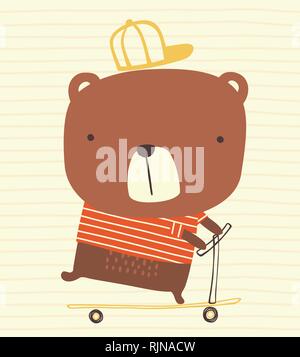 cute bear with cap riding a kick scooter on striped background. hand drawn style illustration can be used for nursery decoration, greeting cards, fash Stock Vector