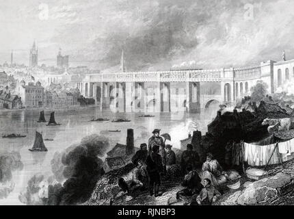 Engraving depicting the high level bridge over the Tyne at Newcastle built by Robert Stephenson. Dated 19th century Stock Photo