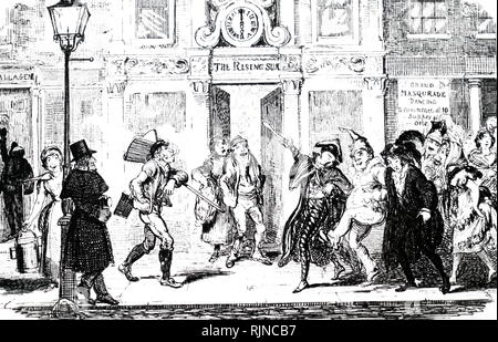 A cartoon depicting a London street scene with revellers returning home as the labouring classes start their day's work. Dated 19th century Stock Photo