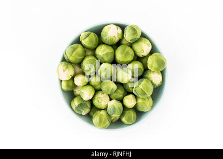 Top view of brussels sprouts in a blue bowl isolated on white background. Stock Photo