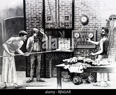 An engraving depicting an electrically heated bread oven at Rey's bakery, Montauban. These were heated by F. Le Roy's elements which were made of wire wound round a ceramic base. Dated 20th century Stock Photo