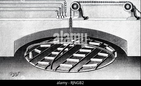 An engraving depicting an electrically heated baker's oven heated by F. Le Roy's elements which were made of wire wound round a ceramic base. Dated 20th century Stock Photo