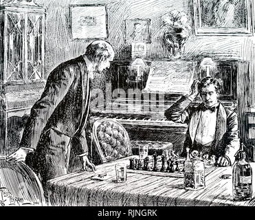 An engraving depicting a friendly game of Chess aided by a whisky and soda. Dated 19th century Stock Photo