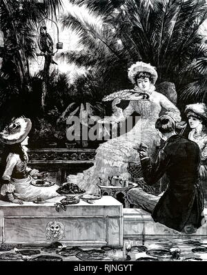 An engraving depicting afternoon tea in the conservatory. Dated 19th century Stock Photo