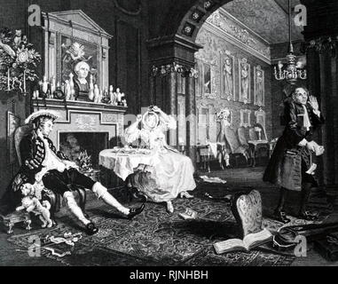 An engraving titled 'Marriage a-la-mode' depicting a breakfast scene. Dated 18th Century Stock Photo