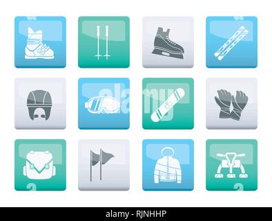 Ski and snowboard equipment icons over color background - vector icon set Stock Vector