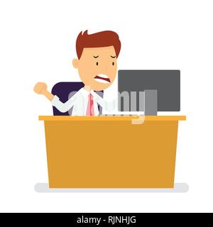 Angry Businessman sitting at workplace watching laptop isolated on white background, Cartoon Flat style, Vector Illustration Stock Vector