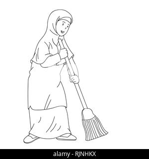 Muslim woman sweeping with broom to clean home, Coloring book design for kids and children. Hand drawn illustration Stock Vector