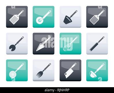 Different kind of kitchen accessories and equipment icons over color background - vector icon set Stock Vector