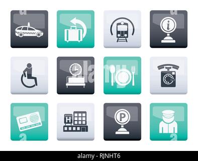 Airport, travel and transportation icons 2 over color background - vector icon set Stock Vector